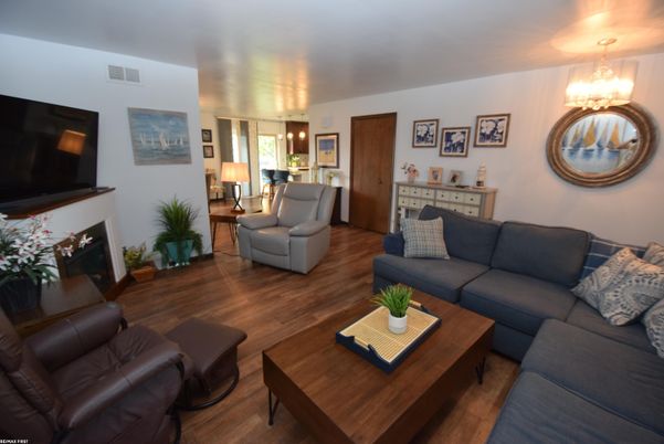 Chandelier, Fireplace, Interior, Living room, Wood Texture Flooring