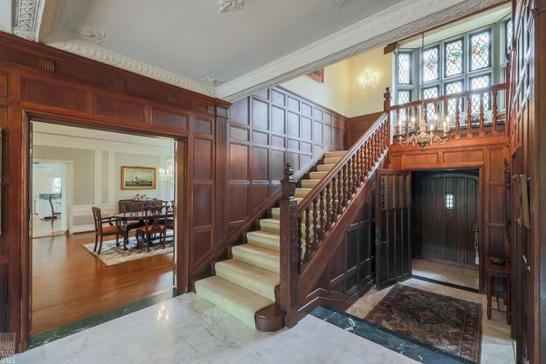 Chandelier, Dining room, Interior, Marble, Wood Texture Flooring, Wooden Walls