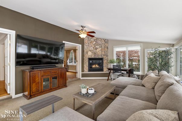 Dining room, Fireplace, Interior, Living room, Stone Walls
