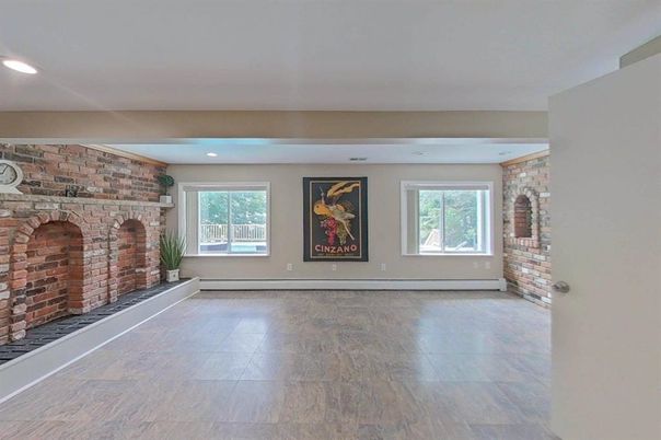 Empty room, Fireplace, Interior, Recessed Lighting, Stone Walls