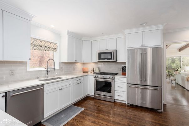 Interior, Kitchen, Recessed Lighting, Stainless Steel Appliances, Wood Texture Flooring