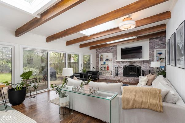 Fireplace, Interior, Living room, Stone Walls, Wooden Beams, Wood Texture Flooring