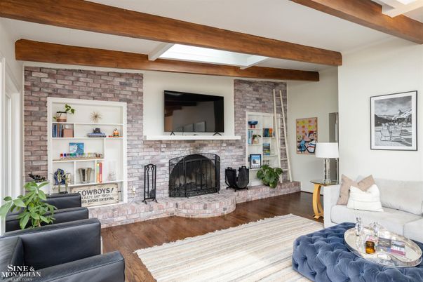 Fireplace, Interior, Living room, Stone Walls, Wooden Beams, Wood Texture Flooring