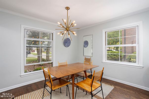 Dining room, Interior, Pendant Lights, Wood Texture Flooring