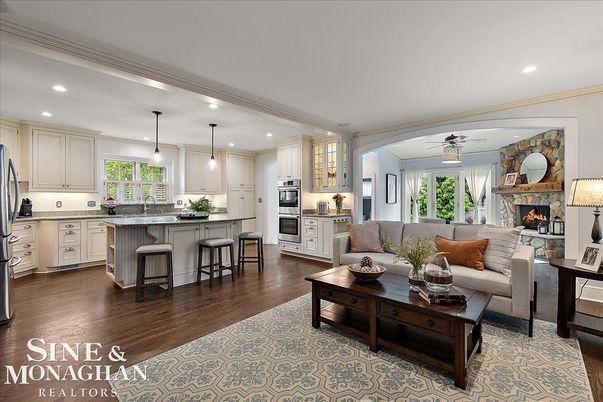 Fireplace, Interior, Kitchen, Living room, Pendant Lights, Recessed Lighting, Stainless Steel Appliances, Wood Texture Flooring