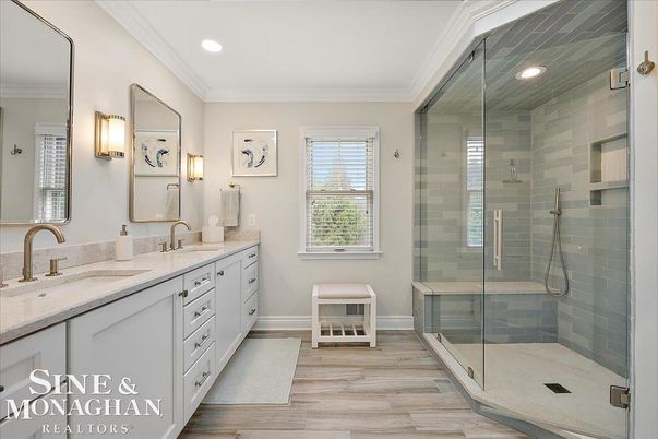 Bathroom, Dual Sink Vanities, Glass Shower, Interior, Recessed Lighting, Wood Texture Flooring