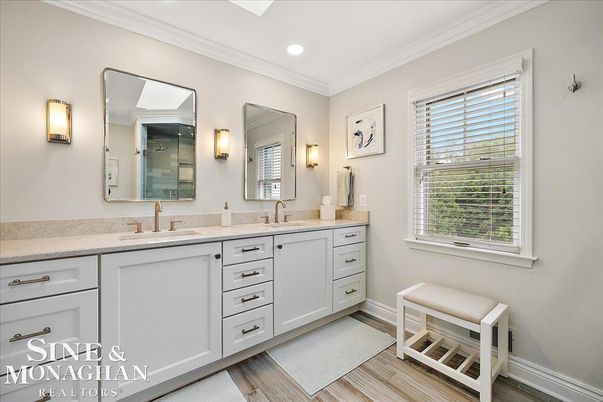 Bathroom, Dual Sink Vanities, Interior, Recessed Lighting, Wood Texture Flooring