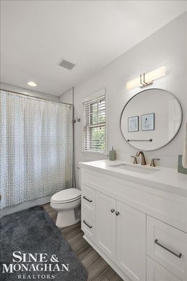 Bathroom, Interior, Recessed Lighting, Wood Texture Flooring