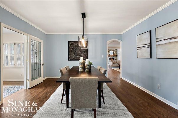 Dining room, Interior, Pendant Lights, Wood Texture Flooring