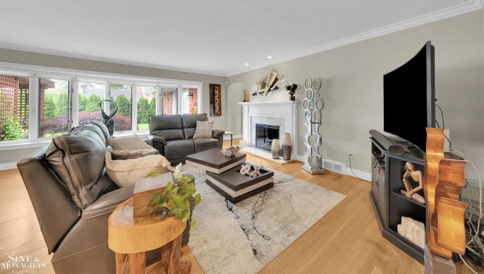 Fireplace, Interior, Living room, Recessed Lighting, Wood Texture Flooring
