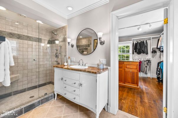 Bathroom, Glass Shower, Interior, Recessed Lighting, Wood Texture Flooring
