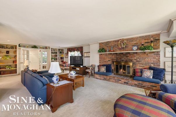 Fireplace, Interior, Living room, Recessed Lighting, Stone Walls