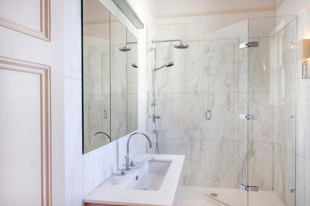 Bathroom, Glass Shower, Interior, Marble Walls