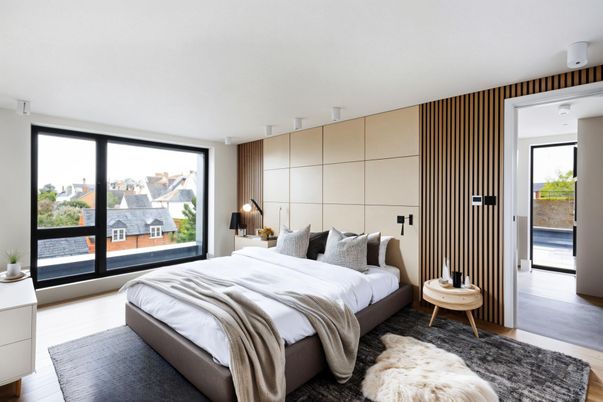 Bedroom, Interior, Pendant Lights, Wood Texture Flooring