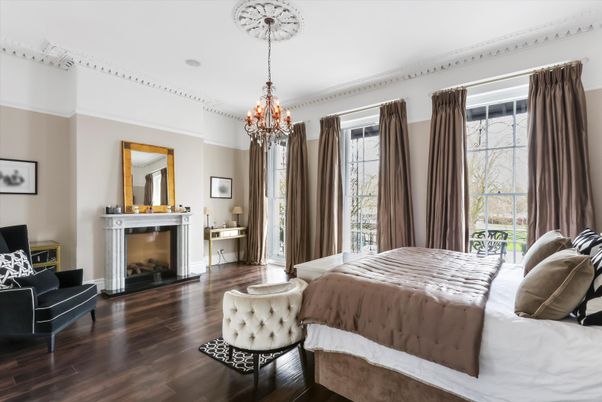 Bedroom, Chandelier, Fireplace, Interior, Wood Texture Flooring