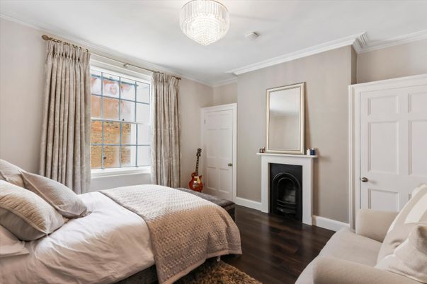 Bedroom, Chandelier, Fireplace, Interior, Wood Texture Flooring