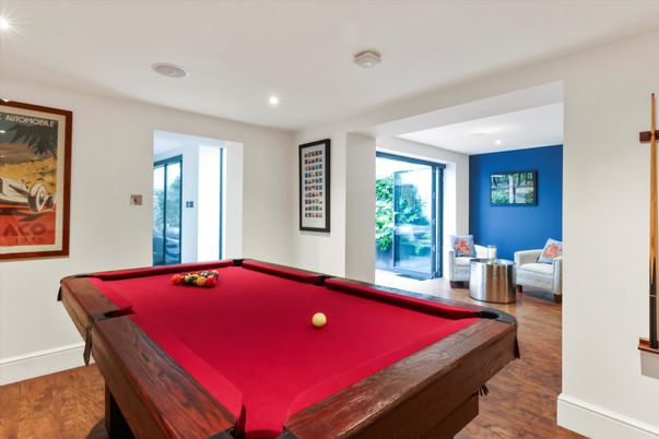 Billiard Table, Game Room, Interior, Recessed Lighting, Wood Texture Flooring