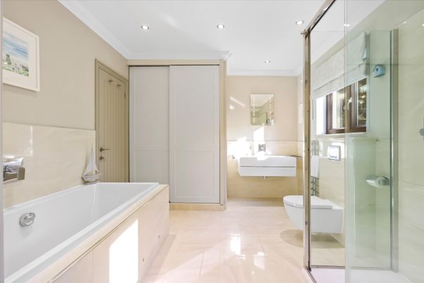 Bathroom, Glass Shower, Interior, Recessed Lighting