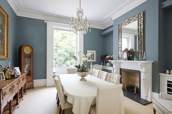 Chandelier, Dining room, Fireplace, Interior