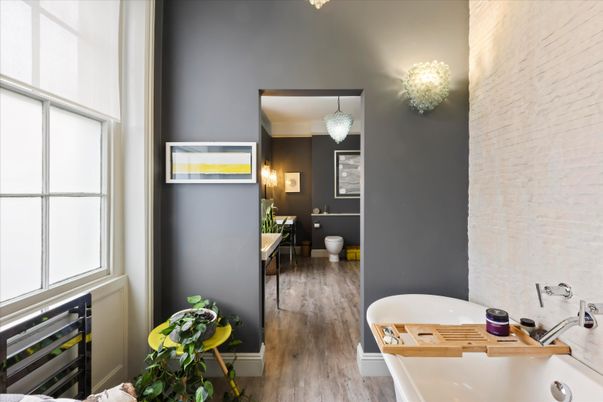 Bathroom, Chandelier, Interior, Stone Walls, Wood Texture Flooring