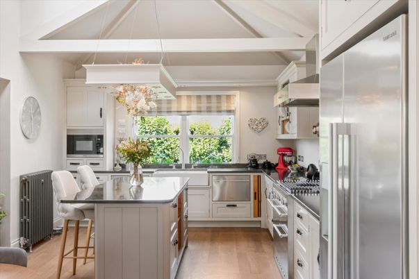Interior, Kitchen, Pendant Lights, Stainless Steel Appliances, Wood Texture Flooring