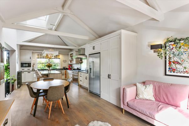 Dining room, Interior, Kitchen, Pendant Lights, Stainless Steel Appliances, Wood Texture Flooring