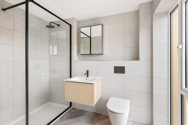 Bathroom, Glass Shower, Interior, Wood Texture Flooring