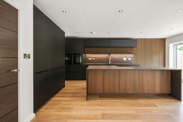 Interior, Kitchen, Recessed Lighting, Stainless Steel Appliances, Wood Texture Flooring