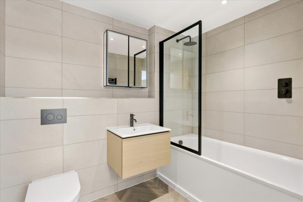 Bathroom, Glass Shower, Interior, Recessed Lighting, Wood Texture Flooring