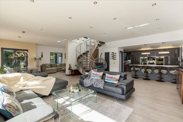 Dining room, Interior, Kitchen, Living room, Pendant Lights, Recessed Lighting, Stainless Steel Appliances, Wood Texture Flooring