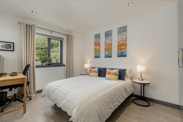 Bedroom, Home Office, Interior, Recessed Lighting, Wood Texture Flooring