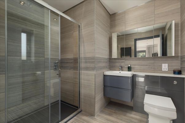 Bathroom, Glass Shower, Interior, Wood Texture Flooring
