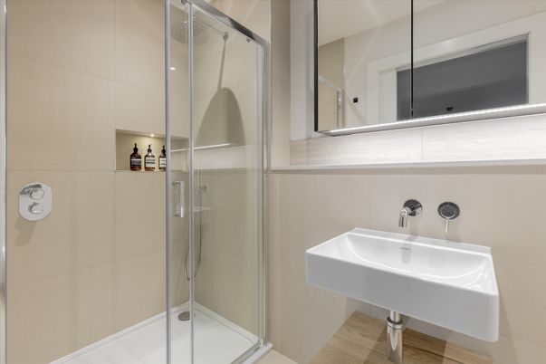 Bathroom, Glass Shower, Interior, Wood Texture Flooring