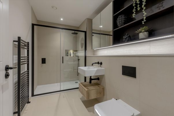 Bathroom, Glass Shower, Interior, Recessed Lighting