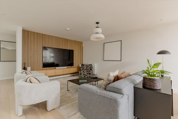 Interior, Living room, Pendant Lights, Wood Texture Flooring