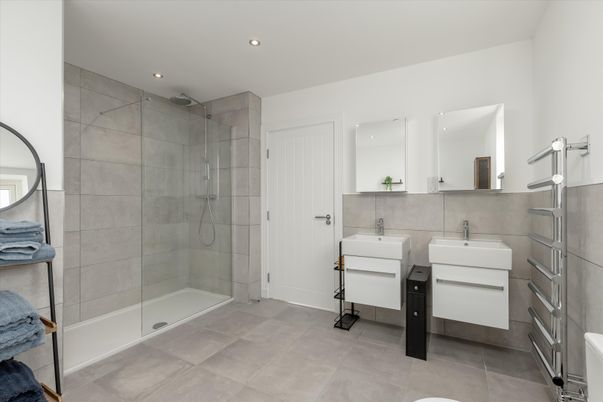 Bathroom, Dual Sink Vanities, Glass Shower, Interior, Recessed Lighting