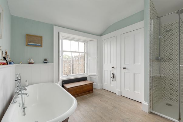 Bathroom, Free Standing Baths, Glass Shower, Interior, Wood Texture Flooring