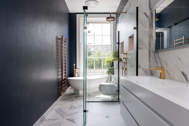 Bathroom, Dual Sink Vanities, Free Standing Baths, Interior, Marble, Marble Walls, Pendant Lights