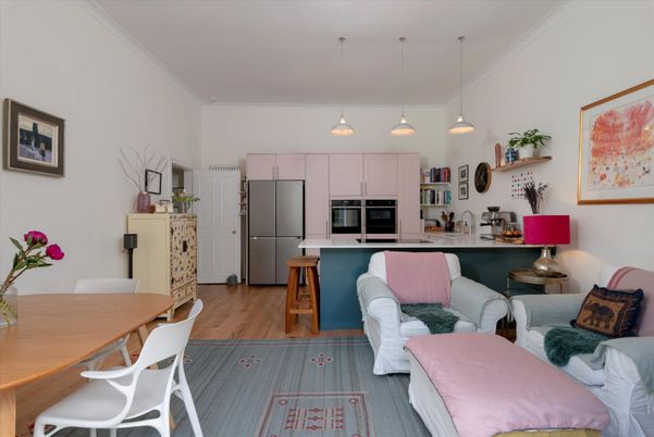 Interior, Kitchen, Living room, Pendant Lights, Stainless Steel Appliances, Wood Texture Flooring