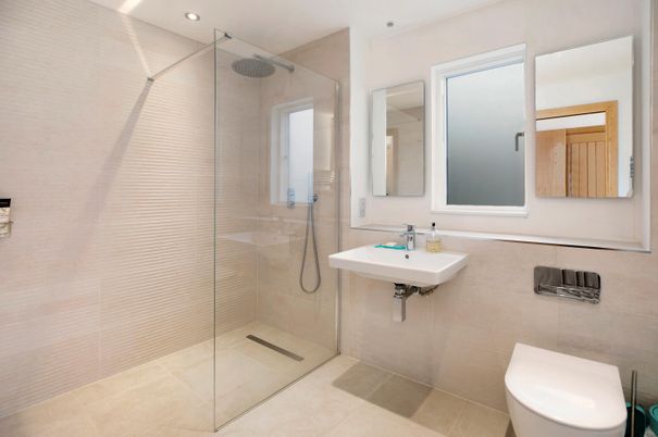 Bathroom, Glass Shower, Interior, Recessed Lighting