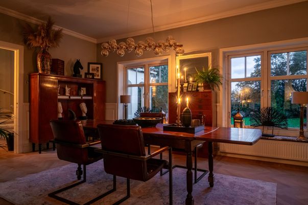 Dining room, Interior, Pendant Lights, Wood Texture Flooring