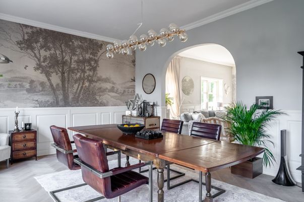 Dining room, Interior, Pendant Lights, Wood Texture Flooring