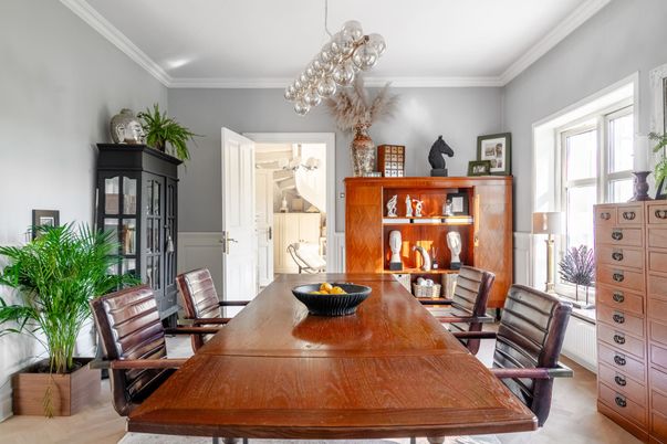 Dining room, Interior, Pendant Lights, Wood Texture Flooring