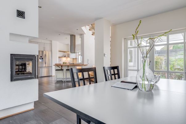 Dining room, Interior, Kitchen, Pendant Lights, Recessed Lighting, Stainless Steel Appliances, Wood Texture Flooring