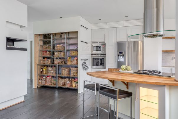 Interior, Kitchen, Recessed Lighting, Stainless Steel Appliances, Wood Texture Flooring
