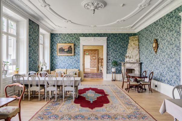 Dining room, Fireplace, Interior, Wood Texture Flooring