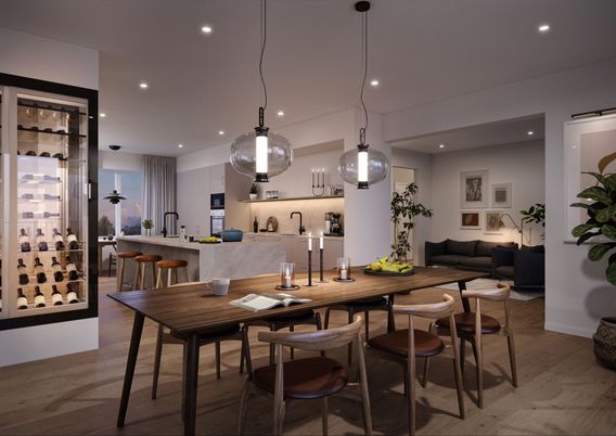 Dining room, Interior, Kitchen, Living room, Pendant Lights, Recessed Lighting, Stainless Steel Appliances, Wood Texture Flooring