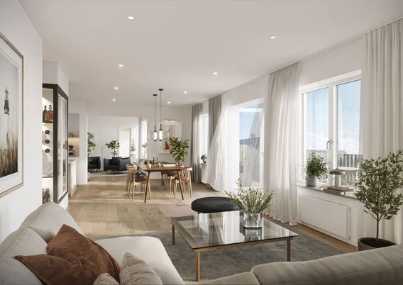 Dining room, Interior, Living room, Pendant Lights, Recessed Lighting, Wood Texture Flooring