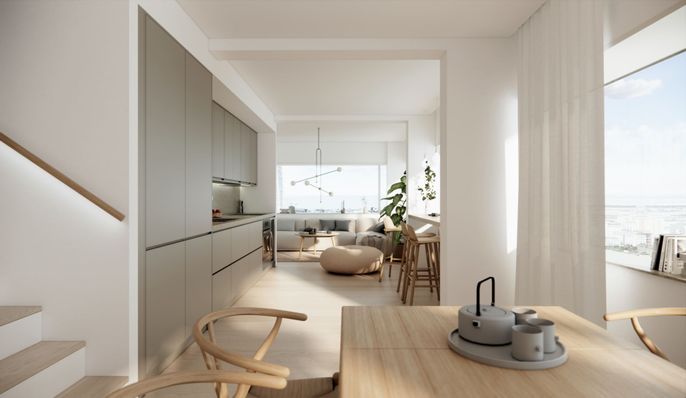 Interior, Kitchen, Living room, Pendant Lights, Wood Texture Flooring