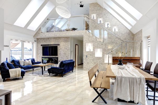 Dining room, Fireplace, Interior, Living room, Pendant Lights, Stone Walls